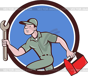 Mechanic Spanner Toolbox Running Circle Cartoon - vector image
