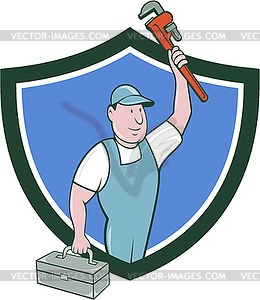 Plumber Toolbox Raising Monkey Wrench Crest Cartoon - vector image