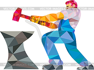 Blacksmith Worker Striking Hammer Anvil Low Polygon - vector image