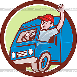 Delivery Man Waving Driving Van Circle Cartoon - vector image