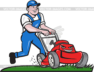 Gardener Mowing Lawn Mower Cartoon - vector clipart