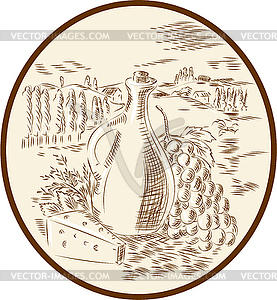 Olive Oil Jar Cheese Tuscan Countryside Etching - vector image