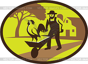 Amish Farmer Rooster Wheelbarrow Farm Oval Retro - vector image