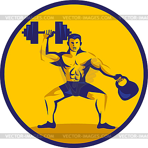 Athlete Lifting Kettlebell Dumbbell Circle Retro - vector clip art