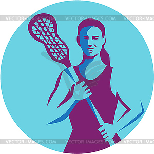 Female Lacrosse Player Stick Circle Retro - vector clipart