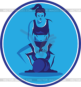 Female Trainer Lifting Kettleball Circle Retro - vector clipart