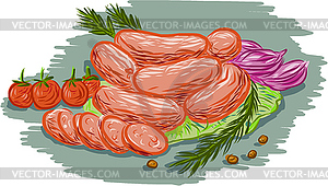 Pork Sausages Vegetables Drawing - vector image