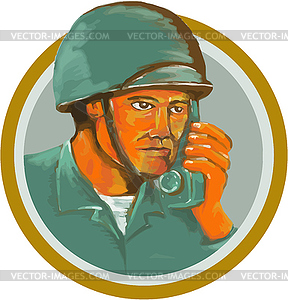 American Soldier Serviceman Calling Radio Watercolor - vector image