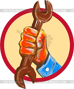 Mechanic Hand Holding Spanner Circle Watercolor - vector clip art