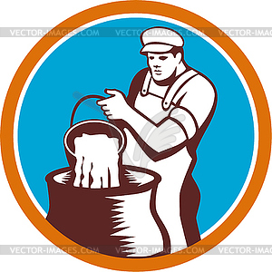 Cheesemaker Pouring Bucket Curd Circle Woodcut - vector clip art