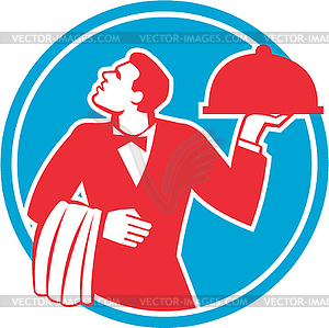 Butler Serving Food Platter Circle Retro - vector image