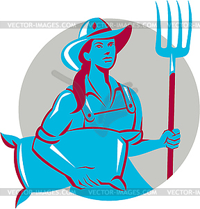 Female Organic Farmer Sack Pitchfork Circle Retro - vector image