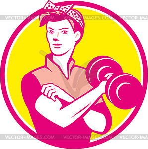 Vintage Woman Lifting Dumbbell Circle Retro - vector image