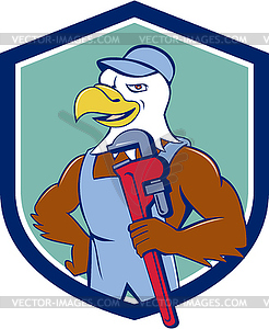 Bald Eagle Plumber Monkey Wrench Crest Cartoon - vector image