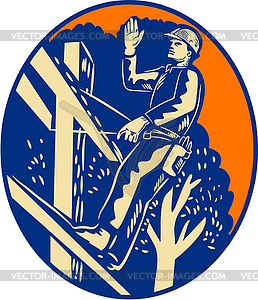 Power Lineman Electrician Post Helllo Oval Woodcut - vector image