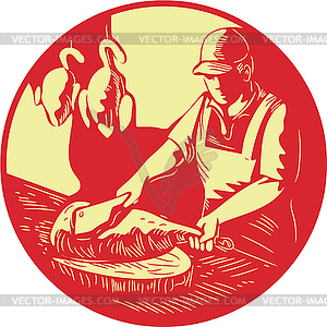 Chinese Cook Chop Meat Oval Circle Woodcut - vector EPS clipart