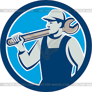 Mechanic Worker Holding Spanner Circle Retro - vector image