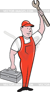 Mechanic Raising Wrench Holding Toolbox Cartoon - vector clipart