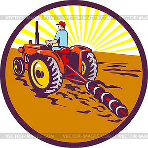 Farmer On Tractor Circle Retro - vector clipart