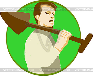 Gardener Shovel On Shoulder Circle Retro - vector image