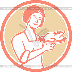 Housewife Serving Chicken Roast Circle Retro - vector image