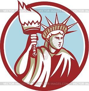 Statue of Liberty Holding Flaming Torch Circle Retro - vector clipart