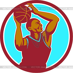 Basketball Player Rebounding Ball Circle Retro - vector image