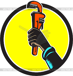 Black Plumber Hand Raising Monkey Wrench Circle - vector clip art