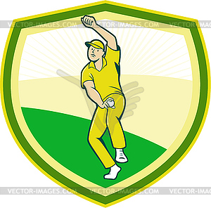 Cricket Player Bowling Crest Cartoon - vector image