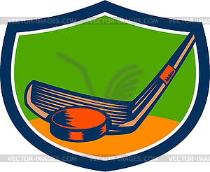 Hockey Puck Stick Crest Retro - vector image