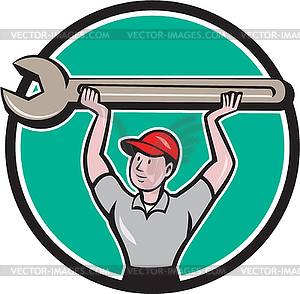 Mechanic Lifting Wrench Circle Cartoon - vector clipart