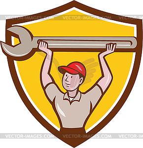 Mechanic Lifting Wrench Crest Cartoon - vector clip art