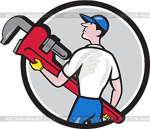 Plumber Carry Monkey Wrench Walking Circle Cartoon - vector clipart