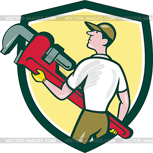 Plumber Carry Monkey Wrench Walking Crest Cartoon - color vector clipart