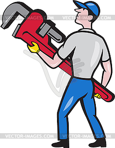 Plumber Carry Monkey Wrench Walking Cartoon - vector clip art