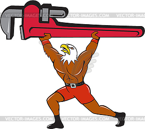 Bald Eagle Plumber Monkey Wrench Cartoon - vector clipart