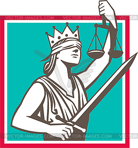 Lady Justice Raising Scales Sword Square Retro - vector clipart