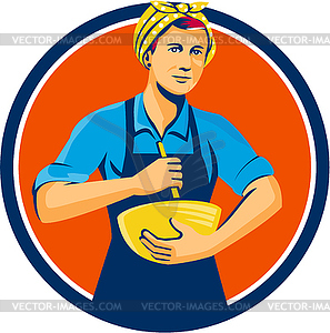 Female Chef Bandana Mixing Bowl Circle Retro - royalty-free vector clipart