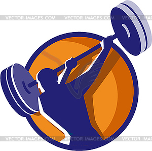 Weightlifter Swinging Barbell Rear Circle Retro - vector clip art