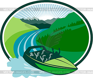 Jetboat River Canyon Mountain Oval Retro - vector clip art