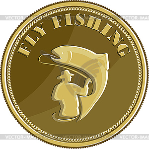 Fly Fishing Gold Coin Retro - vector image