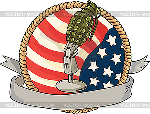 Grenade Microphone USA Flag Circle Retro - color vector clipart