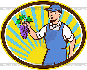 Organic Farmer Boy Holding Grapes Oval Retro - vector clip art