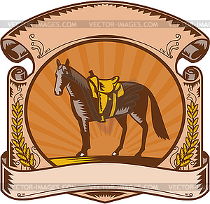 Horse Western Saddle Scroll Woodcut - vector image