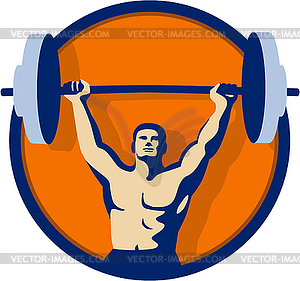 Weightlifter Lifting Barbell Circle Retro - vector clip art