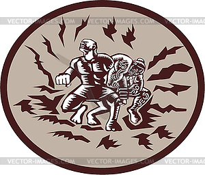 Tiitii Wrestling God of Earthquake Circle Woodcut - color vector clipart