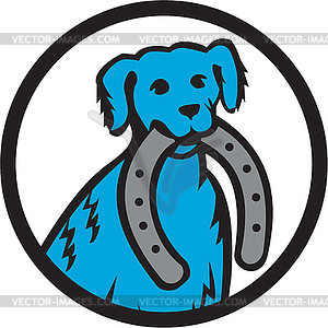 Blue Merle Dog Biting Horseshoe Circle Retro - royalty-free vector clipart