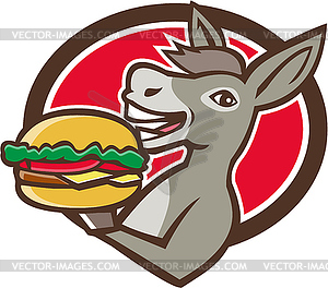 Donkey Mascot Serving Hamburger Oval Retro - vector clipart