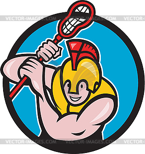 Gladiator Lacrosse Player Stick Circle Cartoon - vector image