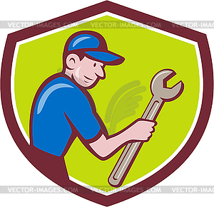 Handyman Holding Spanner Crest Cartoon - vector clipart